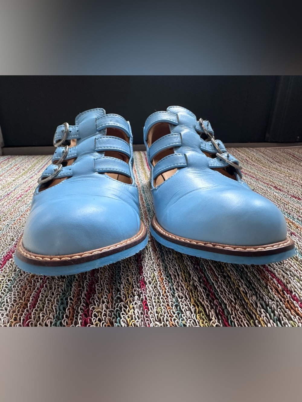 Fluevog EXCELLENT Biblio McPhee baby blue leather triple t-strap buckle shoe -12 - Picture 5 of 16
